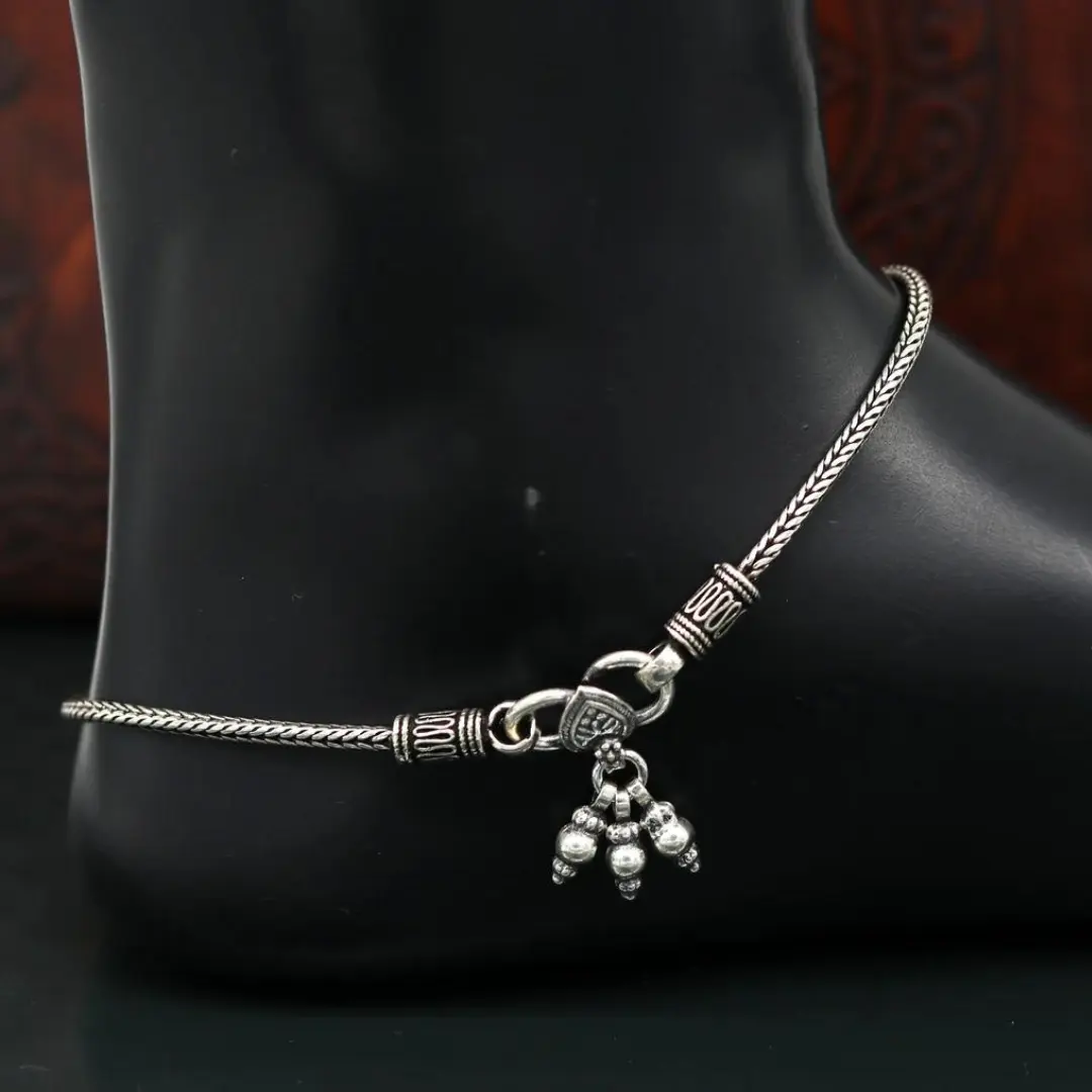 925 Sterling silver handmade wheat chain ankle bracelet, vintage oxidized charm anklets, tribal belly dance customized jewelry