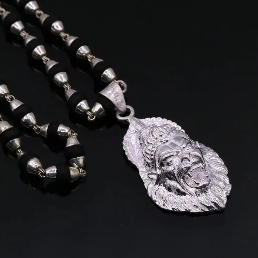 925 Sterling Silver Pendant, Black Basil Rosary Beads (Tulsi Mala), Tribal Necklace