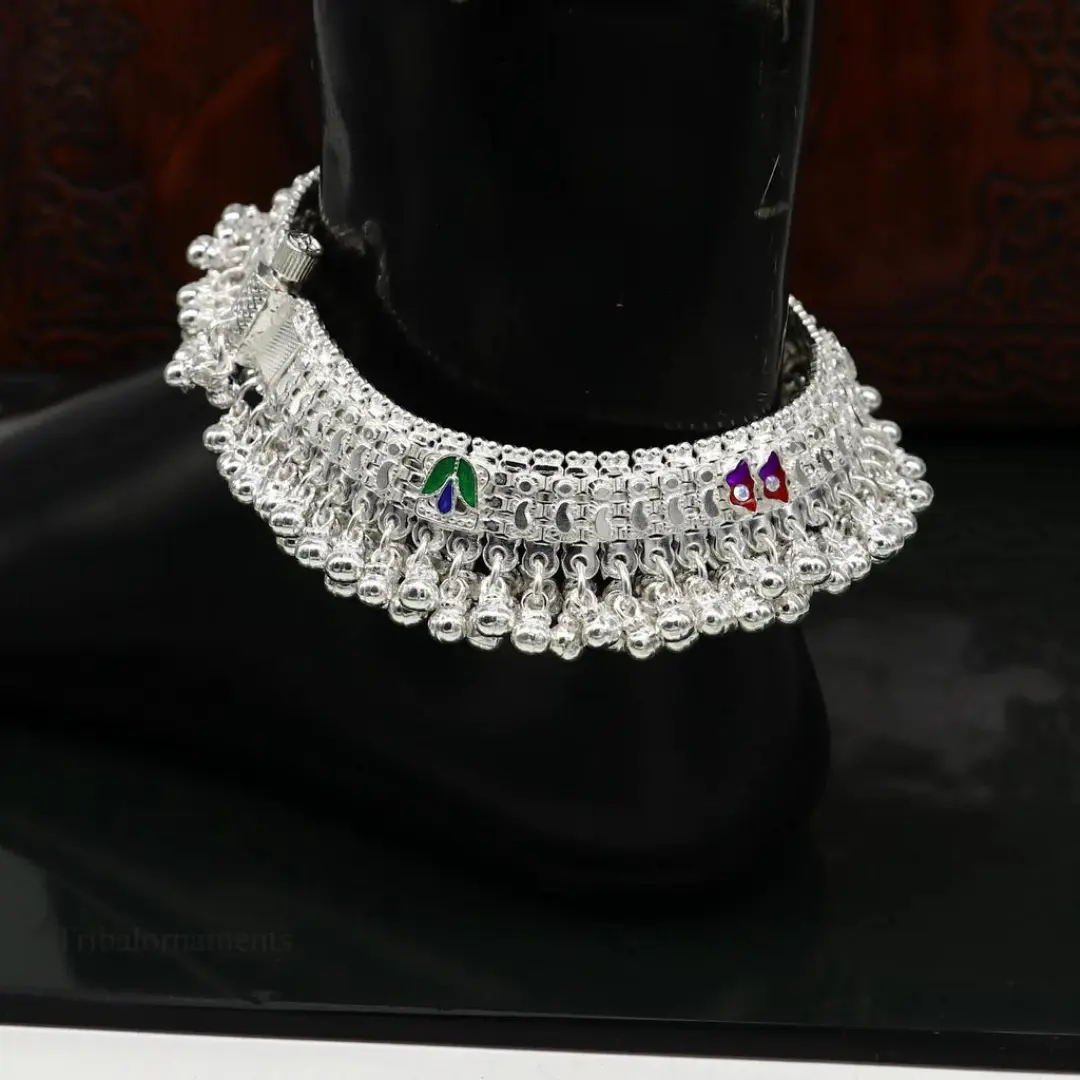 Vintage design handmade solid silver heavy anklet, Stunning foot charm bracelet, amazing belly dance tribal brides jewelry from india