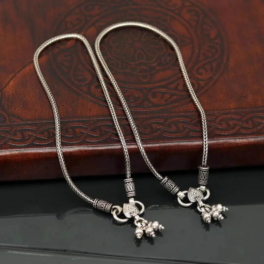 925 Sterling silver handmade wheat chain ankle bracelet, vintage oxidized charm anklets, tribal belly dance customized jewelry