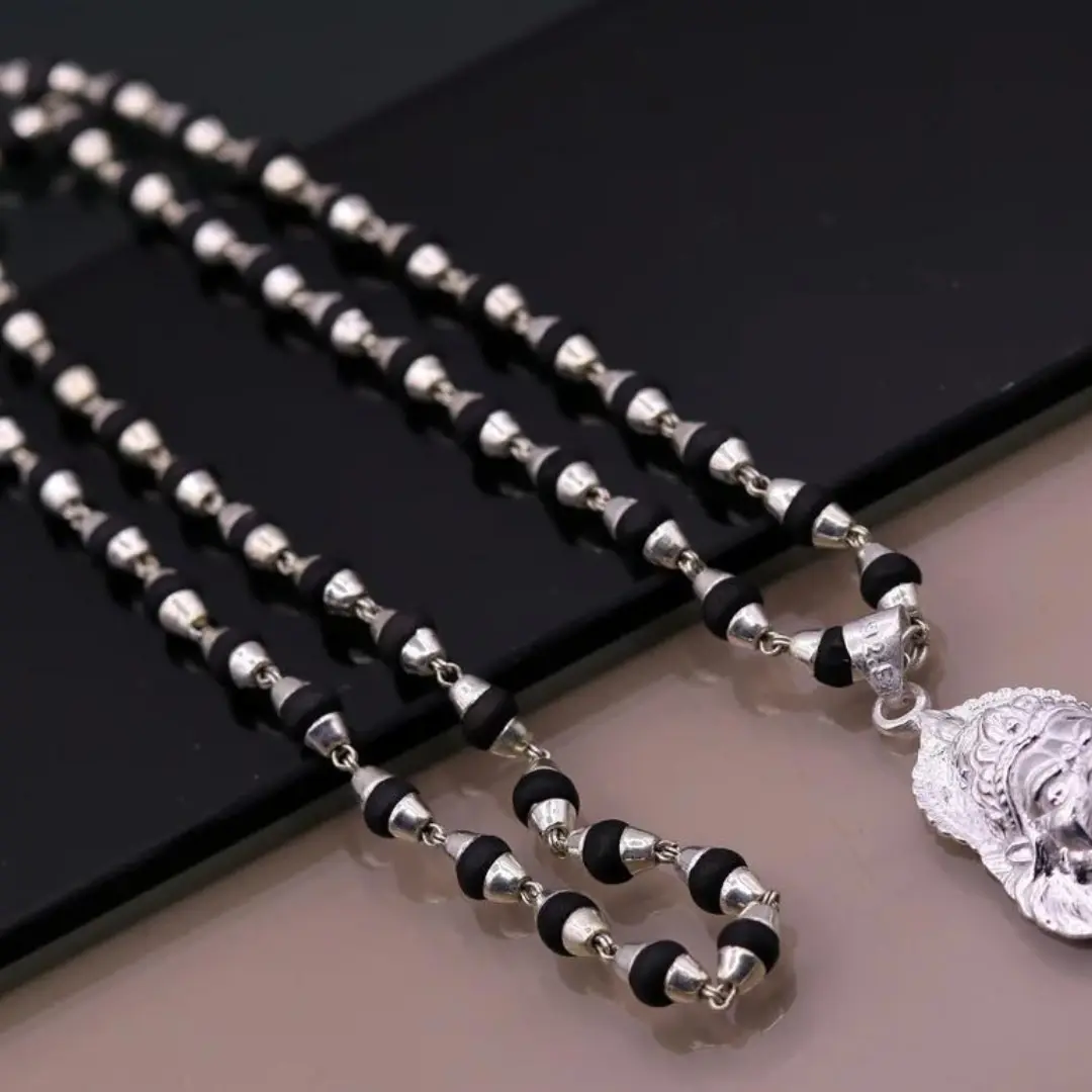925 Sterling Silver Pendant, Black Basil Rosary Beads (Tulsi Mala), Tribal Necklace