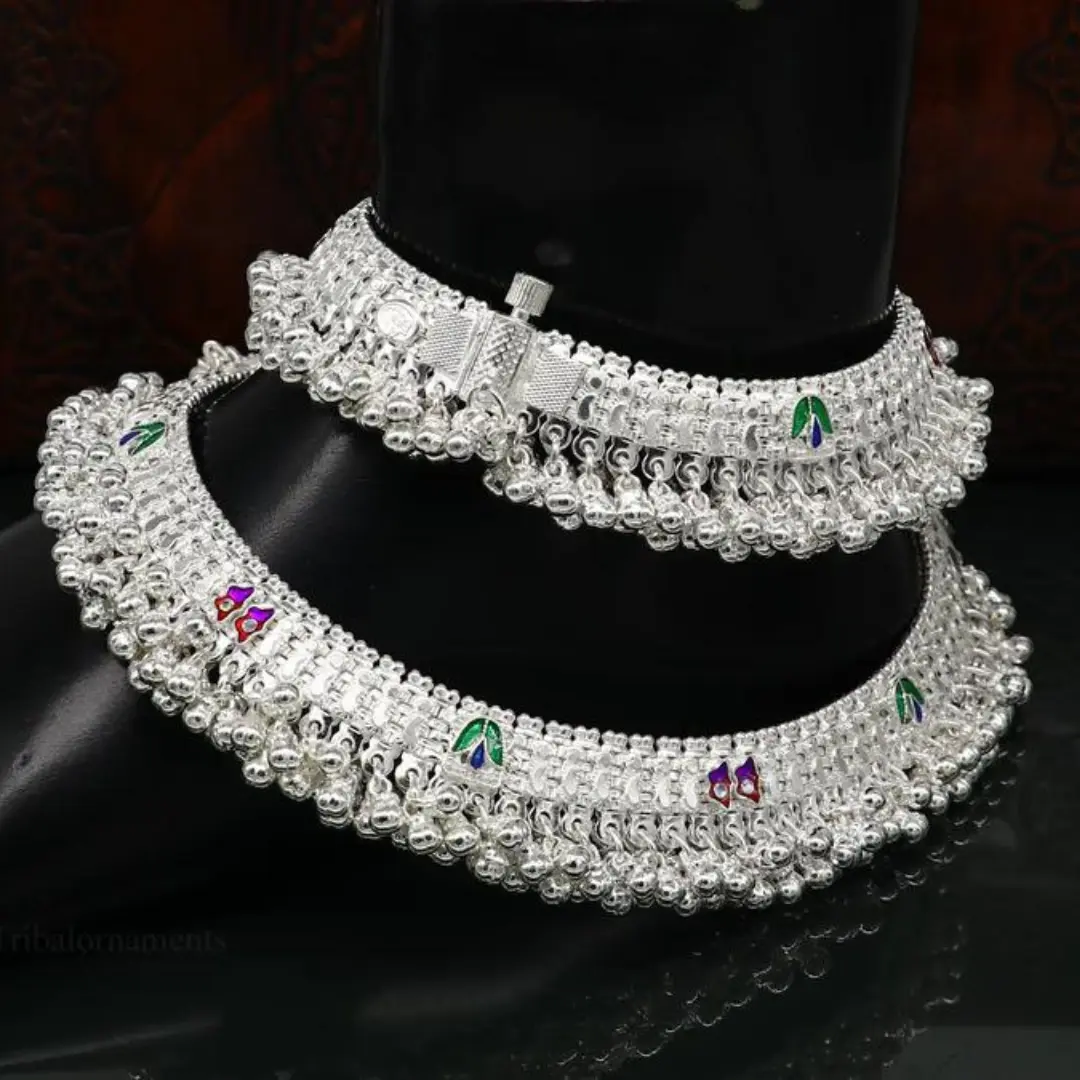 Vintage design handmade solid silver heavy anklet, Stunning foot charm bracelet, amazing belly dance tribal brides jewelry from india