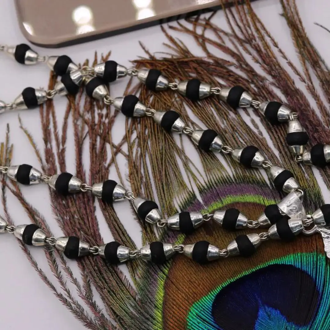 925 Sterling Silver Pendant, Black Basil Rosary Beads (Tulsi Mala), Tribal Necklace