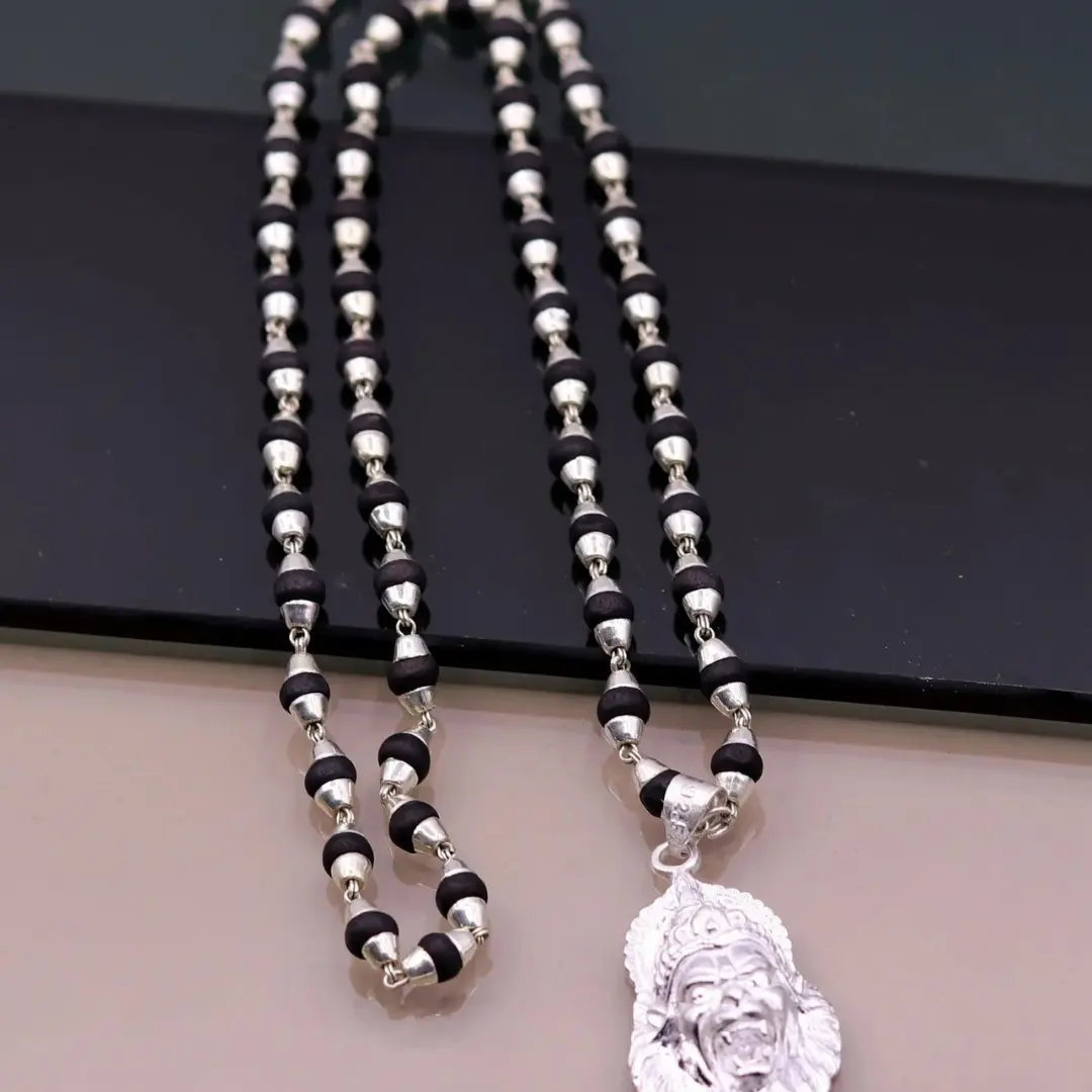 925 Sterling Silver Pendant, Black Basil Rosary Beads (Tulsi Mala), Tribal Necklace