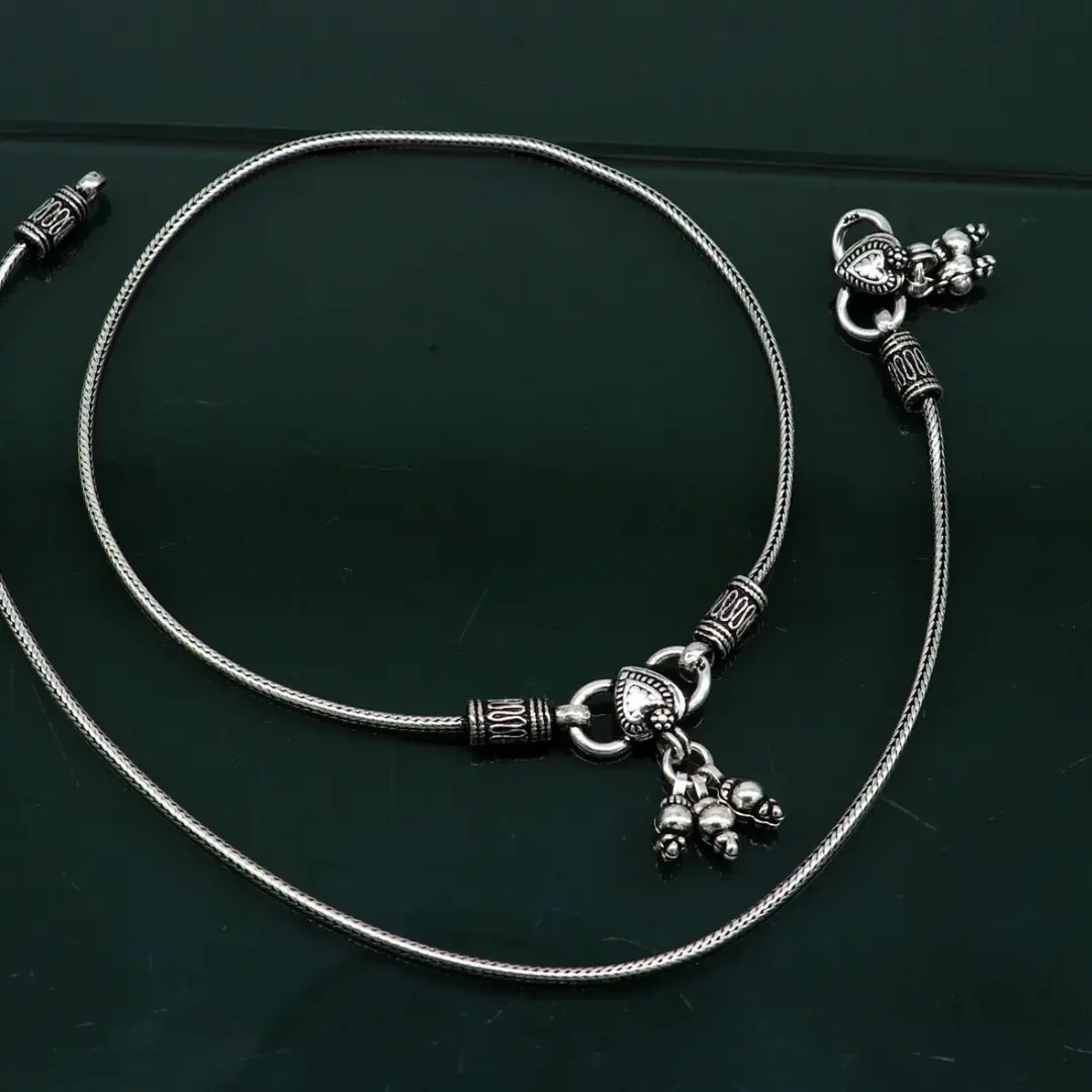 10.5" 925 Sterling silver handmade wheat chain ankle bracelet, vintage oxidized charm anklets, tribal belly dance customized jewelry nank468