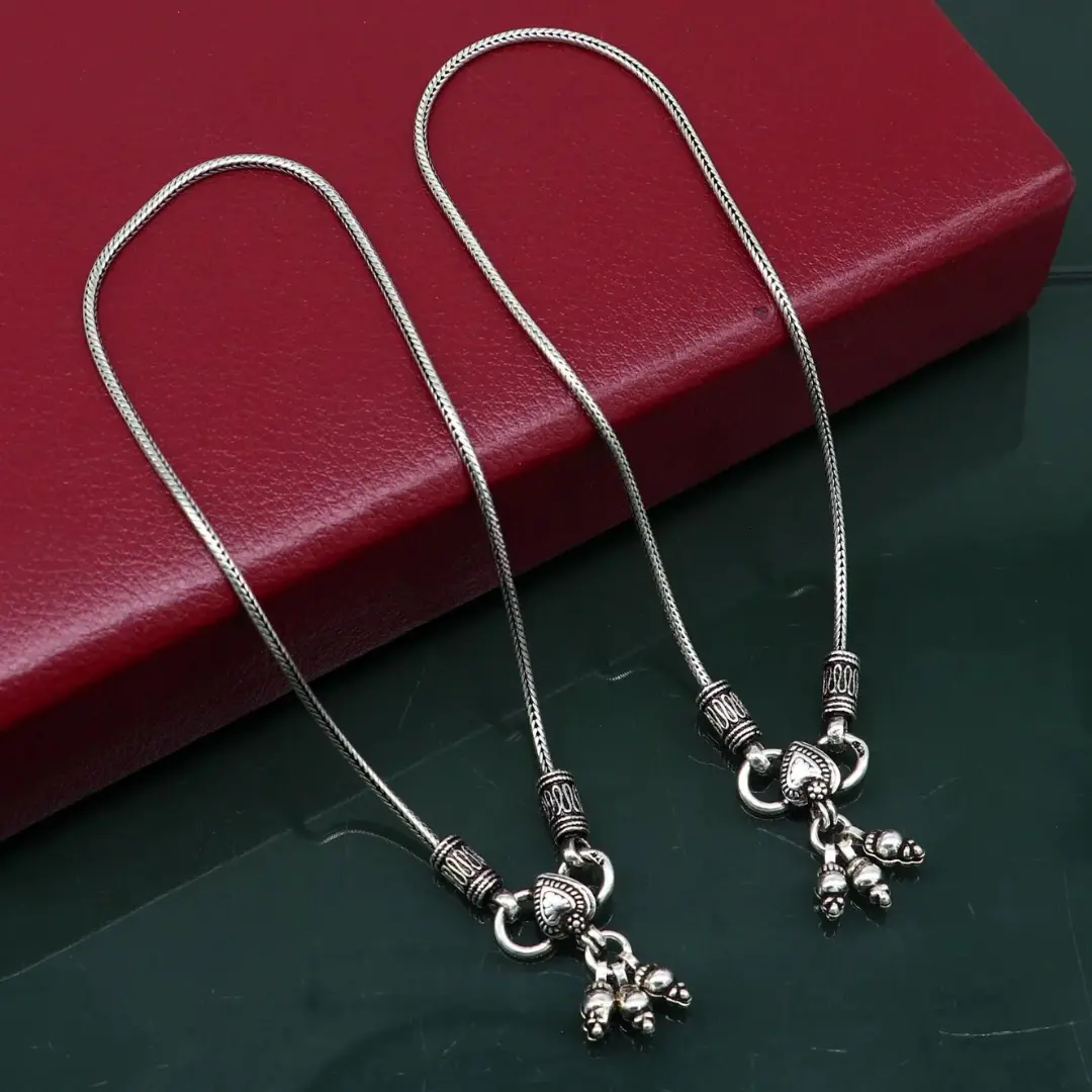 10.5" 925 Sterling silver handmade wheat chain ankle bracelet, vintage oxidized charm anklets, tribal belly dance customized jewelry nank468